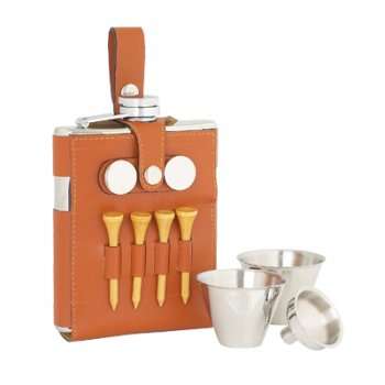 Leather Bound 7 Ounce Flask with Golf Tees, Cups and Funnel